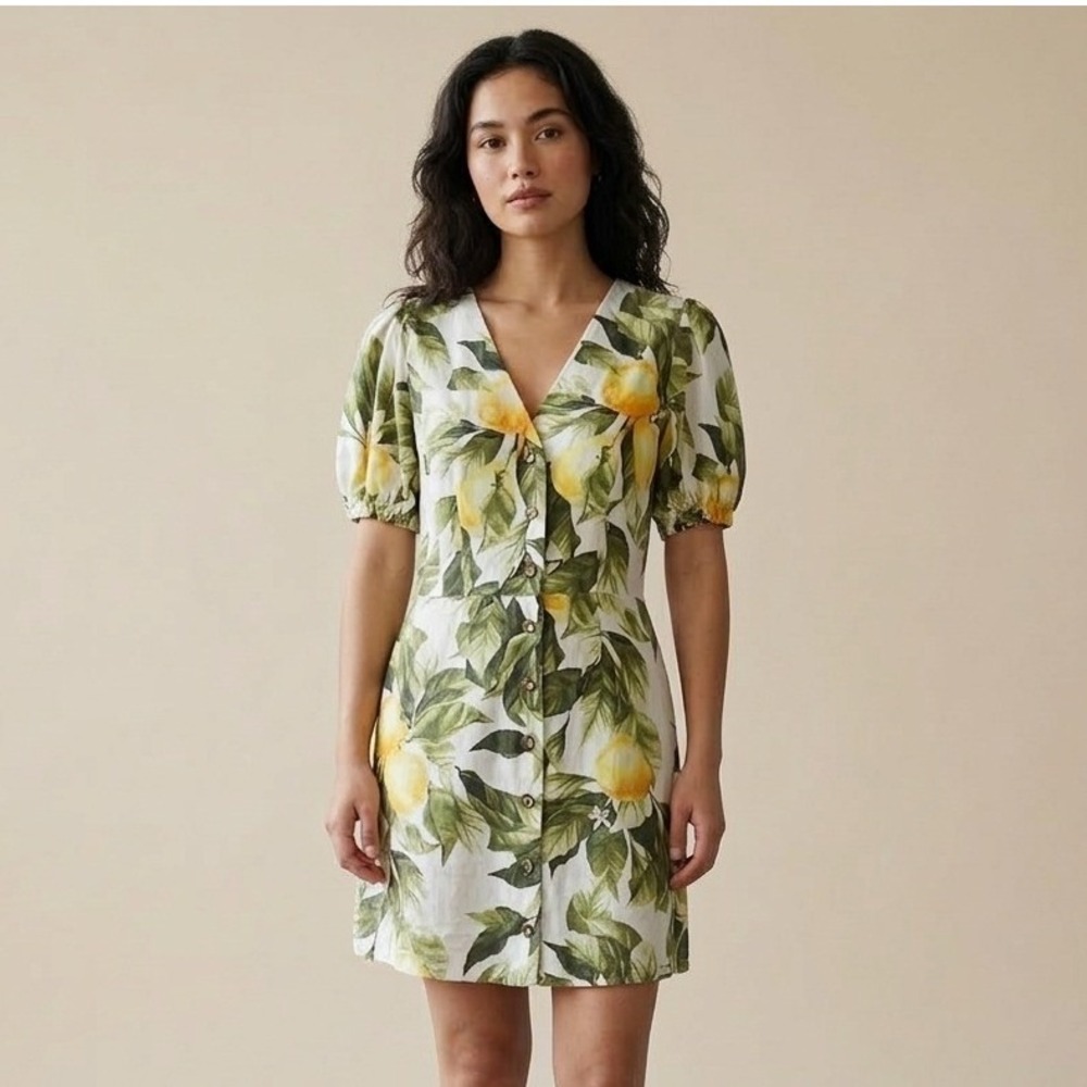 H&M Lemon Button Front Linen Blend Puff Sleeve Mini Dress Small Cottagecore